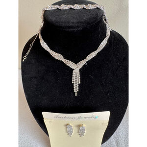 Women's Unbranded fashion Silver Rhinestone Necklace Bracelet Earring Set